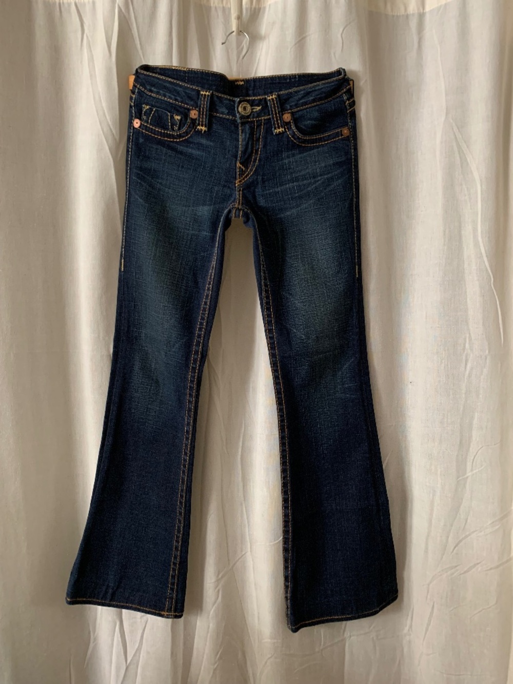True Religion World Tour Bootcut Jeans Dark Blue Gold Stitch USA Made 30